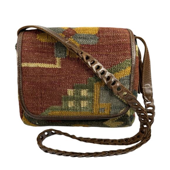 Vintage Y2K Kilim Tapestry Crossbody Purse Bag Wool Leather Boho Hippie
